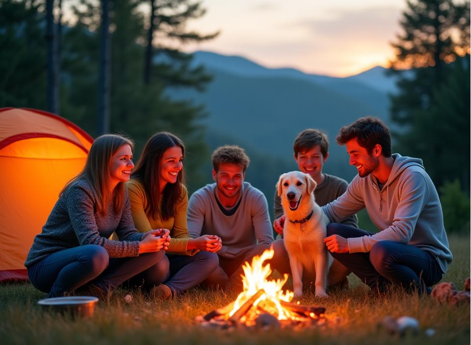 Happy family with pet enjoying camping adventure