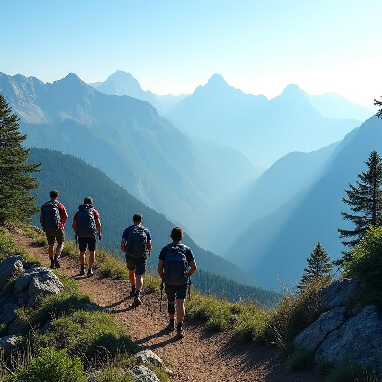 Hikers on mountain trail with scenic vista