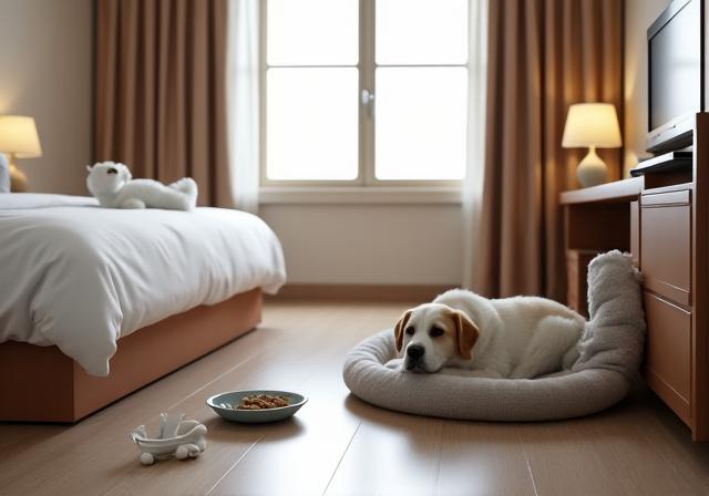 Pet-friendly hotel room with comfortable pet amenities